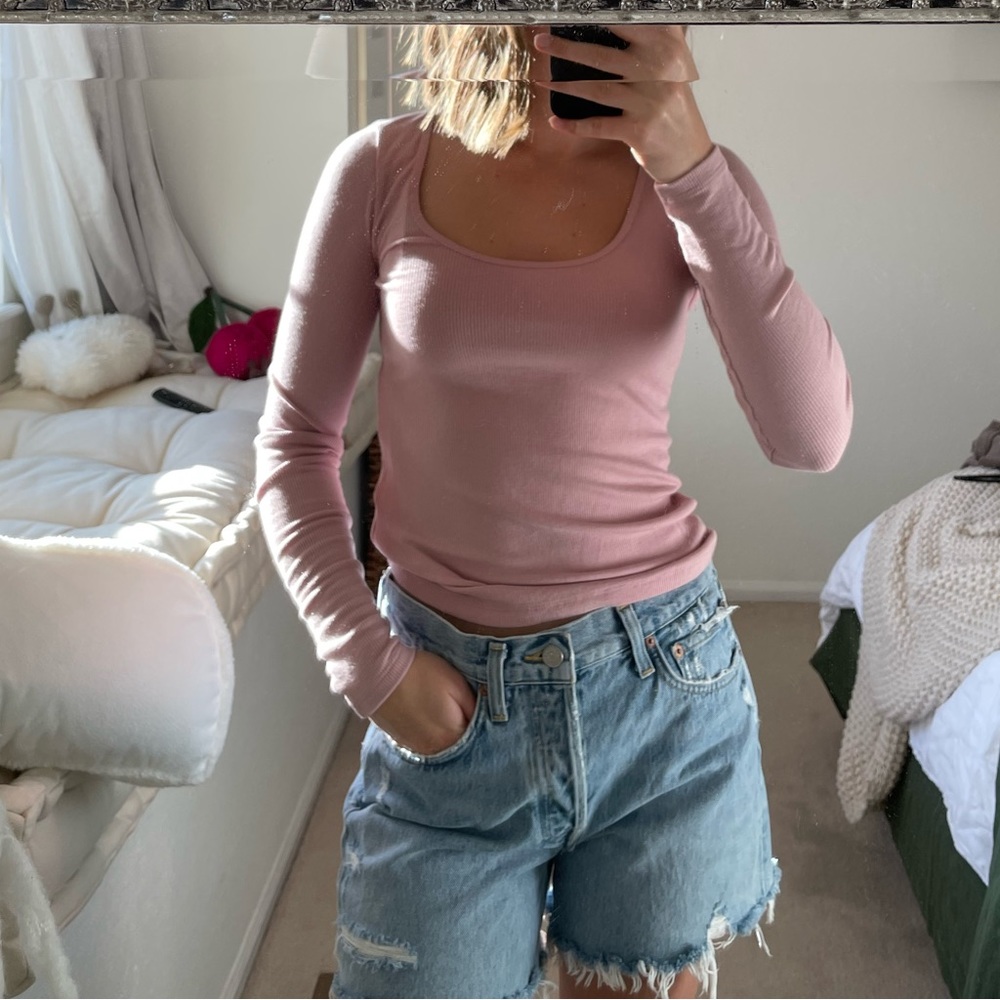 ABERCROMBIE RIBBED SCOOPNECK LONG SLEEVE - PINK -S
